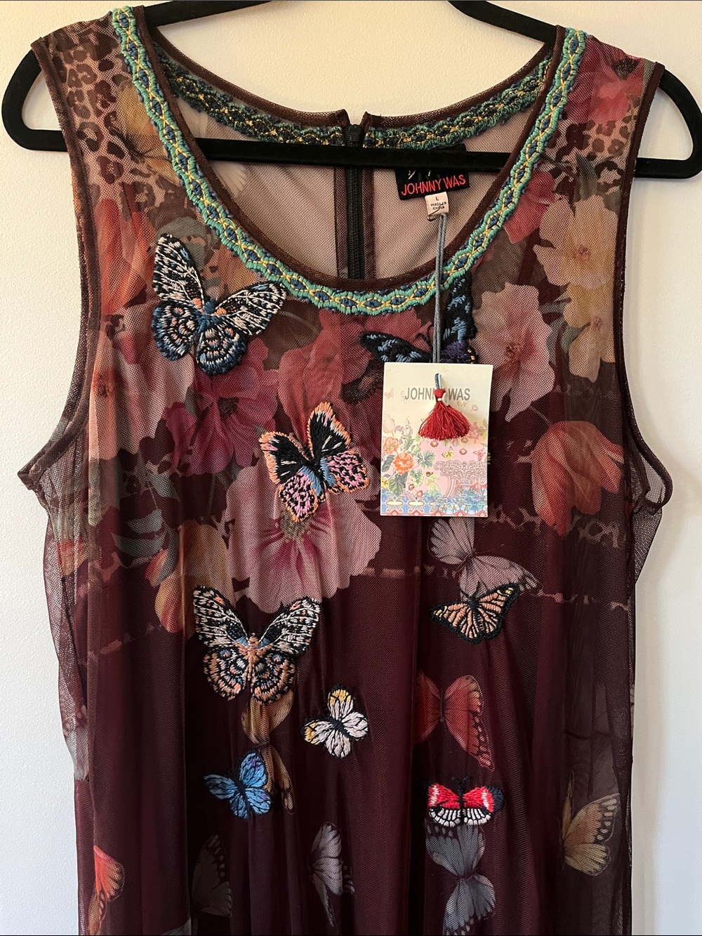 Johnny Was Burgundy Mesh Butterfly Embroidered Camisole
